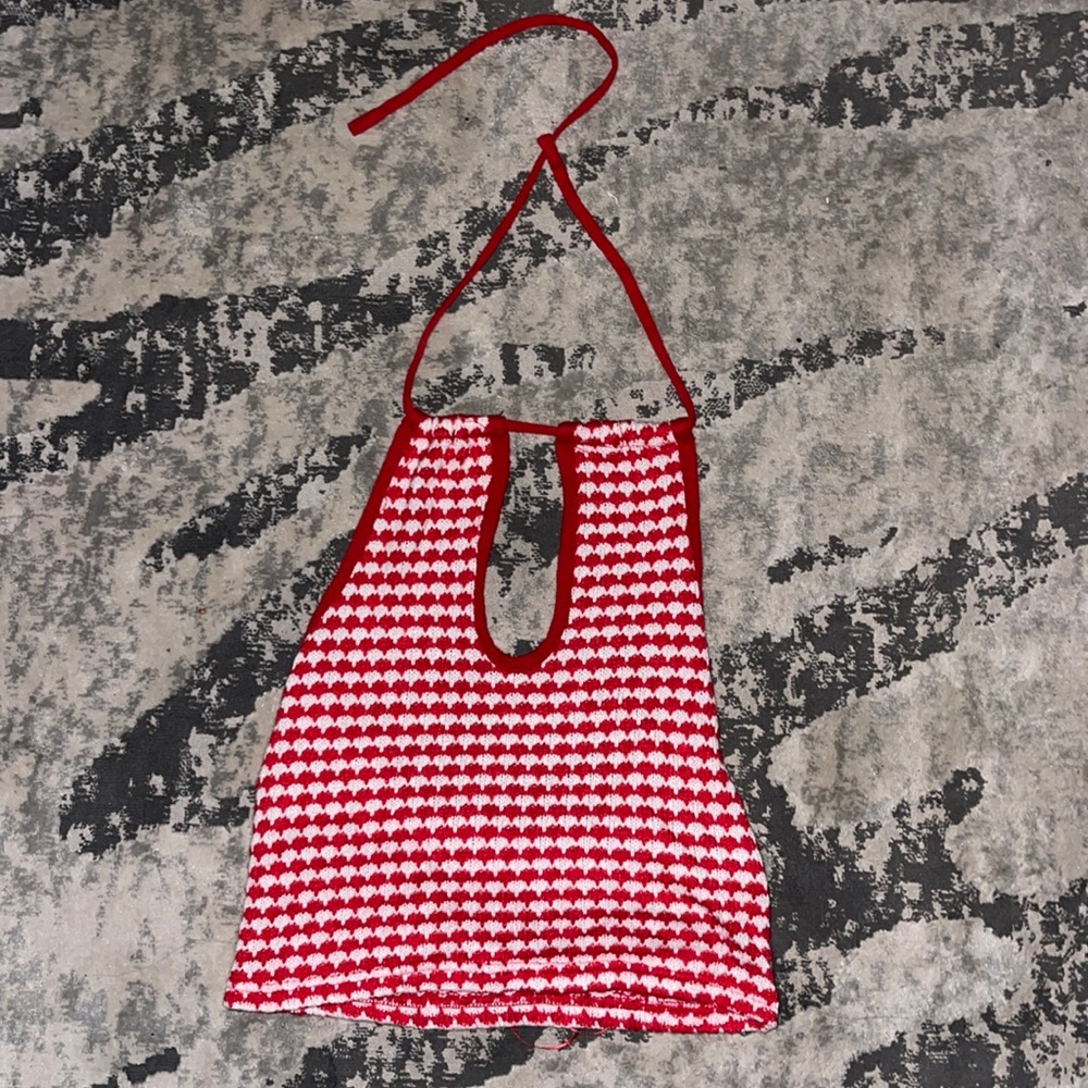 Zara white & red checkered, halter, cropped top.
